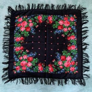 Floral Black Wool Stole New